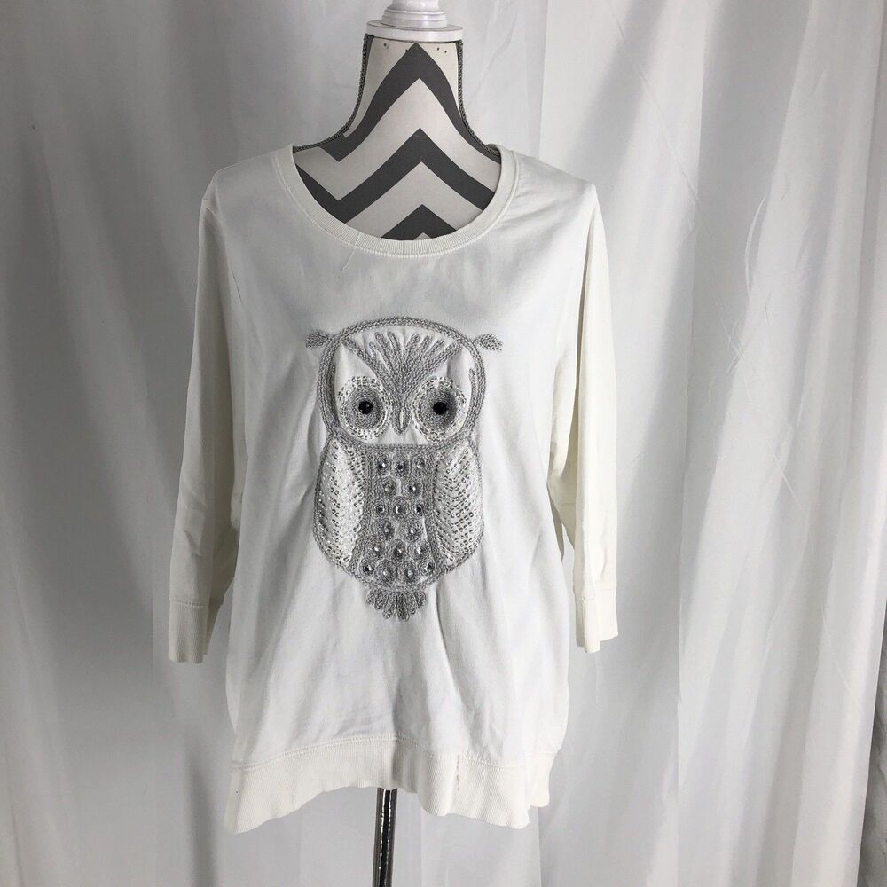 Women's Style & Co White W/Owl Silver Studs 3/4 Sleeve Sweatshirt Top Size XL